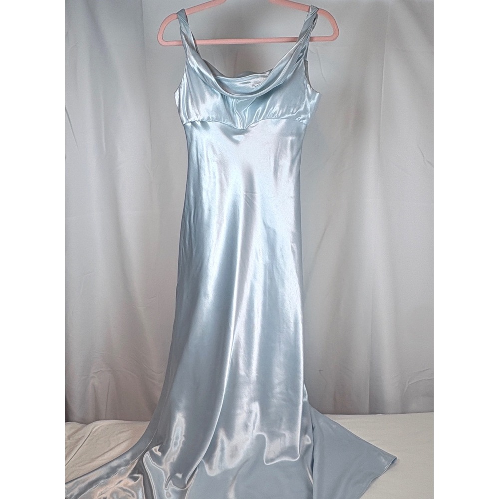 Vtg 90s Satin Slip Dress Michaelangelo Maxi Gown Baby Blue Cowl Neck 6 HoCo USA